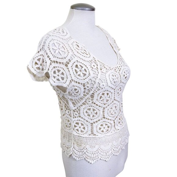 Rebellion Cropped Top Cream Size M Crochet Cotton Short Sleeve Festival Bohemian - Picture 3 of 7